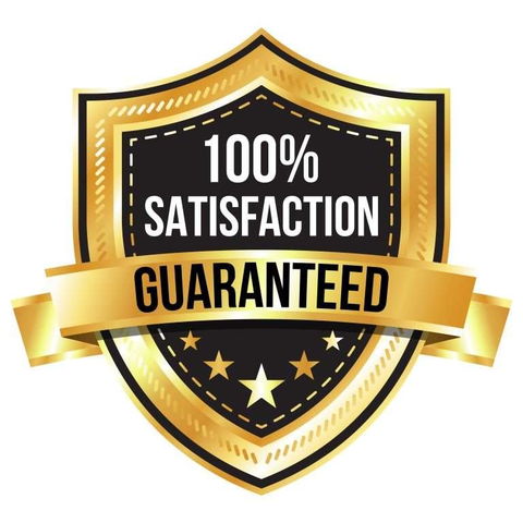100% Satisfaction Guaranteed badge - a gold shield with a black centre and a gold ribbon