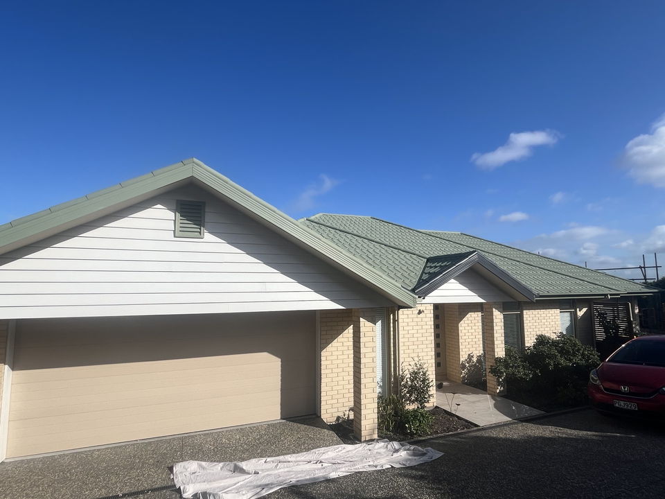 Drop sheets laid across a driveway and garden while the roof above is being spray painted
